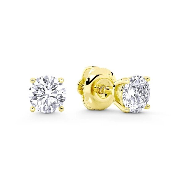 1.00ct Lab Grown Diamond Round Brilliant 4-Prong Stud Earrings in 14k Y Gold - Picture 1 of 6
